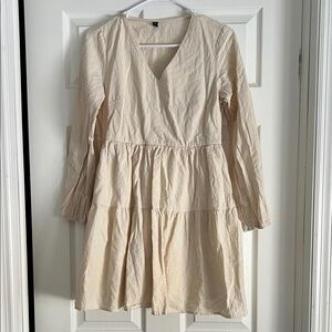 Amazon Beige V-Neck Mini Dress